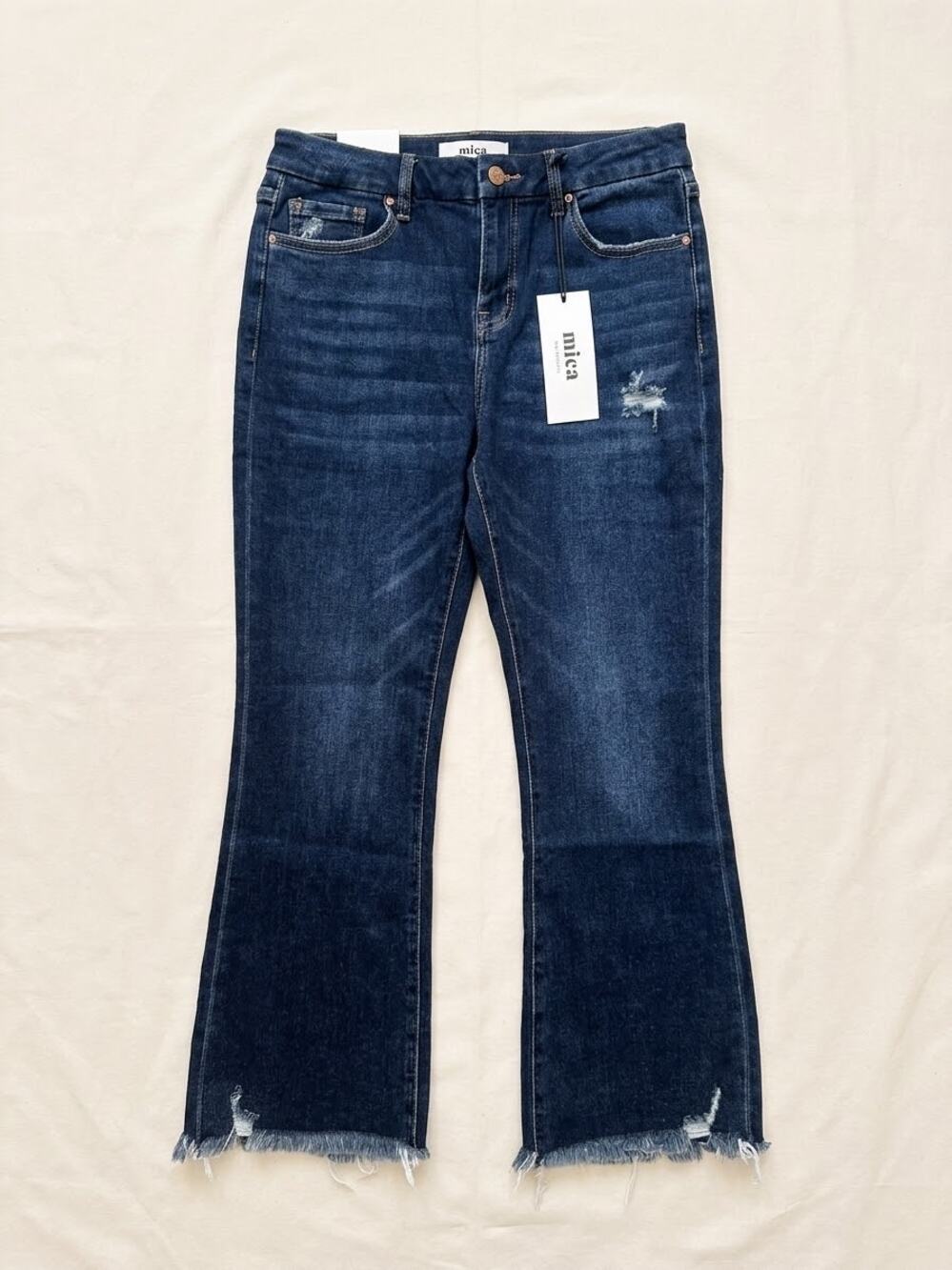 Mica Denim High Rise Crop Flare Jeans Size 30 Distressed Raw Hem Dark Wash
